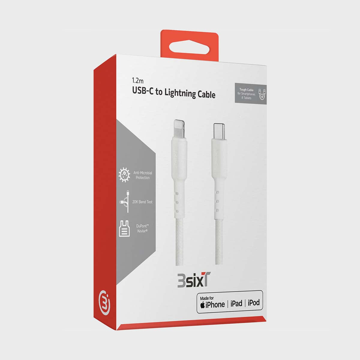 3sixT Tough USB-C to Lightning Cable 1.2m - White