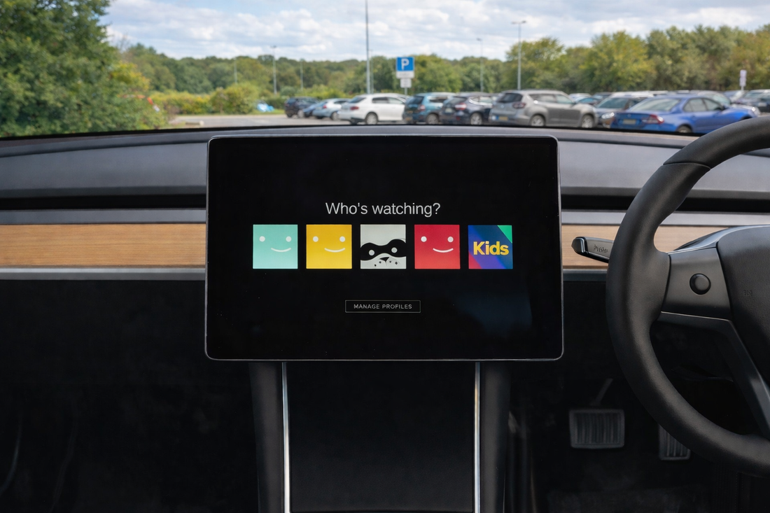 Tesla Model Y infotainment screen displaying Netflix profiles while parked